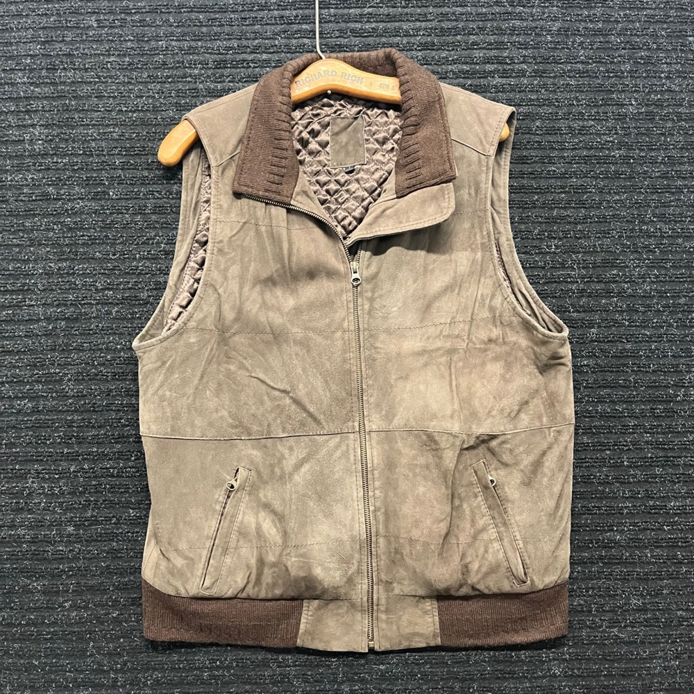 Uru Recoleta Argentina Goat Leather Suede Vest Brown Ribbed Knit Collar Mens 1 M